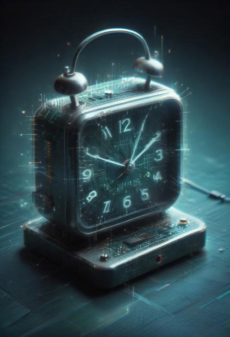8K analog photo, a classic alarm clock made of glitch lowpoly Circuit Board, each number floating inside a glitch lowpoly, fragile-looking and slightly distorted, soft morning light, 
High Quality, Full Colour, 80mm, blurry background,