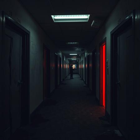 A nightmarish, endless hotel corridor, impossibly long and distorted, stretching into pitch-black nothingness. The air is thick, humid, and reeks of decay and something foul, like rotting meat left too long in the dark. The dim, flickering fluorescent lights overhead cast unnatural shadows that seem to move on their own. The stained, sagging carpet is damp, imprinted with footprints that shouldn’t exist—some human, some… not.
The numbered doors are all wrong—twisted, half-melted, some leading into infinite voids, others barely cracked open with a sickly, pulsating red glow leaking out. A distant, static-filled television flickers behind one, playing distorted images of screaming, faceless figures. The walls bulge and breathe, as if the entire structure is alive, watching.
A disfigured, elongated figure stands at the far end of the hall, too tall, too thin, its head crooked at an unnatural angle. It doesn't move, but you feel it staring. The security cameras in the corners are following your every step, the red lights blinking erratically. From the vents above, a thick, viscous black liquid drips down, pooling on the floor, and something inside them whispers your name in a voice that isn't yours.
The elevator doors further down are wide open, but the shaft is just… empty. No cables, no bottom, just infinite, swirling blackness. From deep within, something claws at the walls, climbing upward.
And then, behind you, a door clicks open.