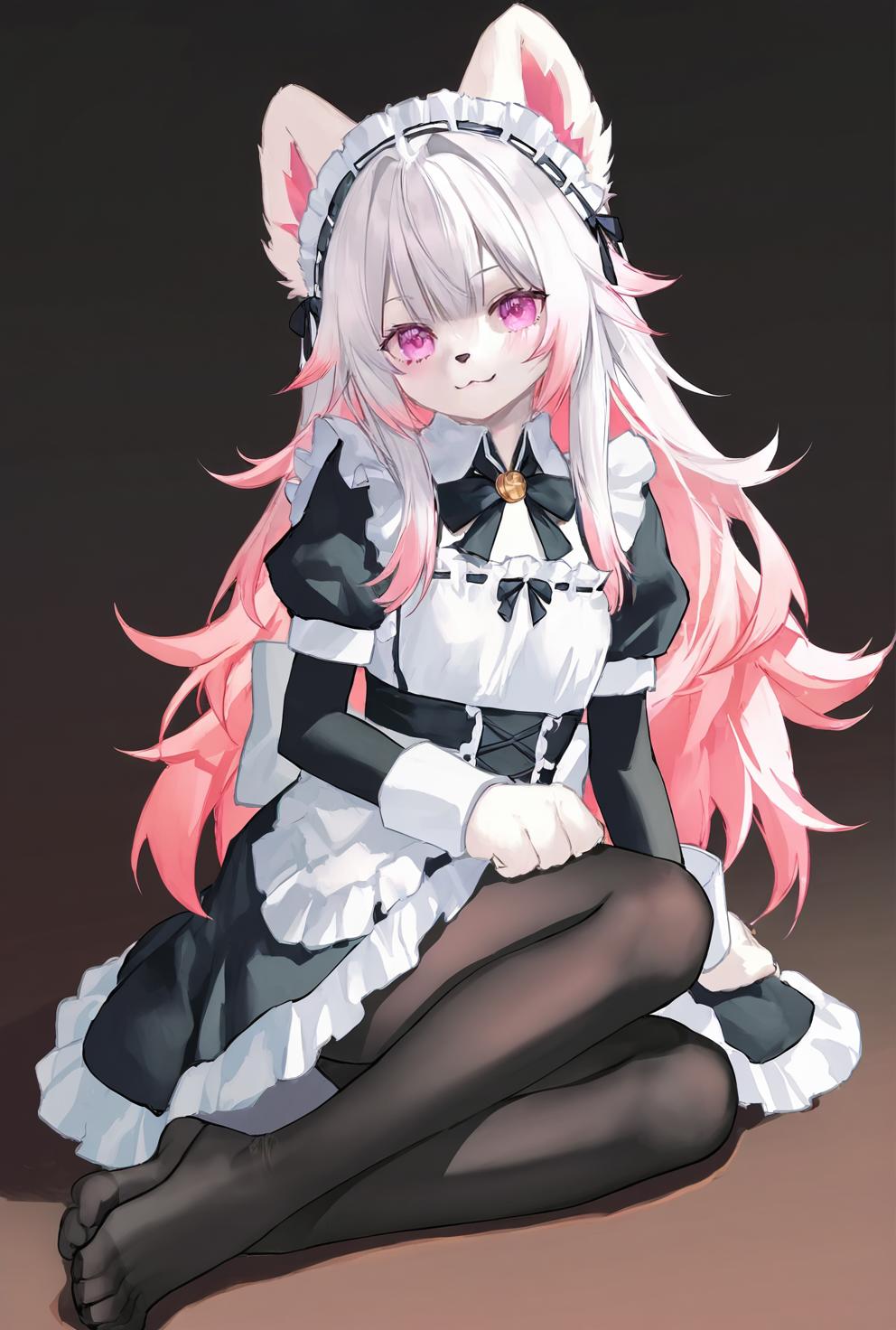 masterpiece,amazing quality,{rin_yuu,atdan,wanke},achiki,au_(d_elete),[hito_komoru,qizhu],{toosaka_asagi},year_2023,
(furry:1.05),furry dog,furry female,white fur,(maid outfit:1.2),(black pantyhose:1.2),white background,furry ears,half fur suit,furry paws,realistic,solo,full body,<lora:HalfFurSuitPonyLora:0.75>,