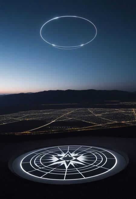 A stately pleasure-dome decree:
Aleph Tower, centre for the AI that rules the Human civilization, in a glittering city of glass and shining metal,
   bright sunlight under a pitch black sky.
So twice five miles of urban sprawl,
With walls and towers  girdled round;
In center: a black circle in bold lines intersected by a thick pentagram, five studded star,
Photographer Reuben Wu Style