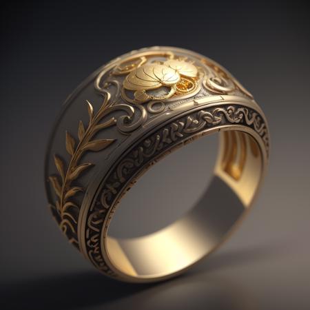 masterpiece, best quality, octane render, hdr,
no humans, simple background, black background, grey background, depth of field, gradient background,
(ring), silver, intricate detail, (small gold leaf) in ring, 
<lora:ElderRing:1>