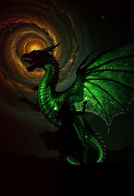 Bosstyle, Silhouette of a Woman fighting a colossal luminous dragon: This vintage photograph captures a moment of epic struggle. Dominating the scene is a translucent dark-green dragon adorned with luminescent scales, blending seamlessly with its surroundings. Its wings, composed of intricately woven energy threads, shimmer in a spectrum of colors. Amidst the night, its presence exudes a sense of mythical power. Behind it, the swirling hues of a distant galaxy provide a mesmerizing backdrop, weaving tales of cosmic battles and celestial legends. Atmospheric haze, Film grain, cinematic film still, shallow depth of field, highly detailed, high budget, cinemascope, moody, epic, OverallDetail, 2000s vintage RAW photo, photorealistic, candid camera, color graded cinematic, eye catchlights, atmospheric lighting, imperfections, natural, shallow dof   , aidmaHiDreamStyle