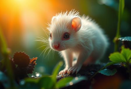 furry little translucent mammal in a rain forest zoomed in, rainbow of light reflection off dew, green and vivid colors, wild fog