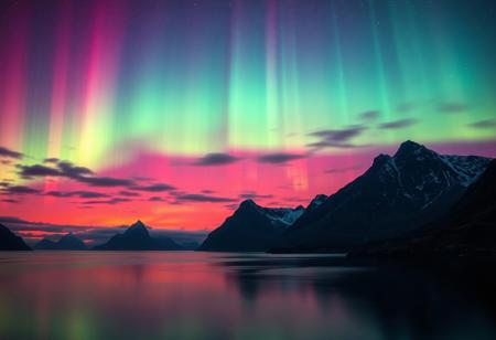 Stunning Aurora Borealis over Lofoten Islands coastline, vibrant colors, dramatic sky, high detail, landscape photography, breathtaking scenery, cinematic lighting, hyper-realistic, 8k resolution, beautiful reflection on water, nature photography, by Ansel Adams and Art Wolfe