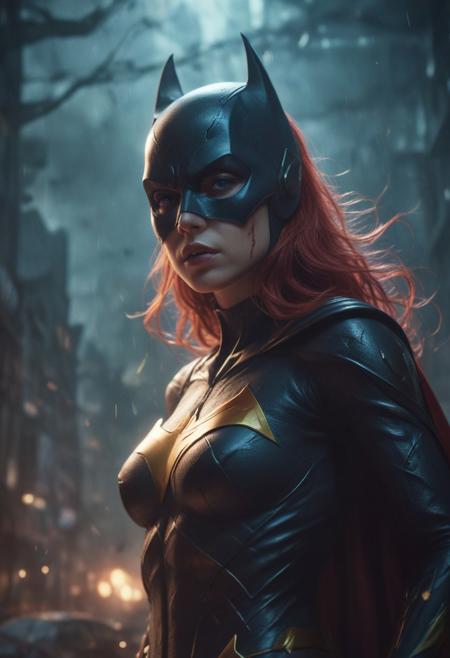 High resolution ultra-realistic of beautiful realistic Batgirl fighting against alien invasion, cinematic style, standing on a bloody and stormy battlefield in a fighting pose, bloody massacre, realistic modern combat costume, black mask, red cape, perfect athletic figure, wavy red hair, handsome dirty bloody face, beautiful perfect detailed pupils, wet oily shiny skin,covered in dirt and blood, beautiful firm Breasts, defiant and seductive, sexy 20 year old girl, 8k resolution concept art portrait by Greg Rutkowski, Dark Gotham City, Artgerm, WLOP, Alphonse Mucha, dynamic lighting, hyperdetailed, intricately detailed, Splash art trending on Artstation triadic colors, Unreal Engine, 5 volumetric lighting, Cinematic Lighting, intricate, smooth, sharp focus digital painting, Asymmetrical Balance, painting, dynamic lighting