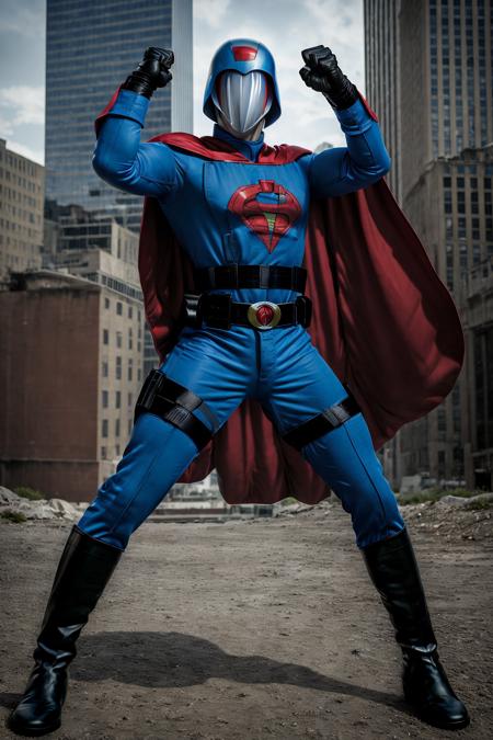 (RAW photo:1.2),(masterpiece:1.4),(photorealistic:1.4),(best quality:1.4),
<lora:GI Joe-Cobra:1>,gijoe-cc,1man,solo,male focus,cape,gloves,superhero,belt,black gloves,blue helmet,red cape,holding,bodysuit,mask,blue bodysuit,Outdoor,City Ruins,(fighting pose:1.2),Cotton Fabric,cotton clothing,Daytime,Noon,