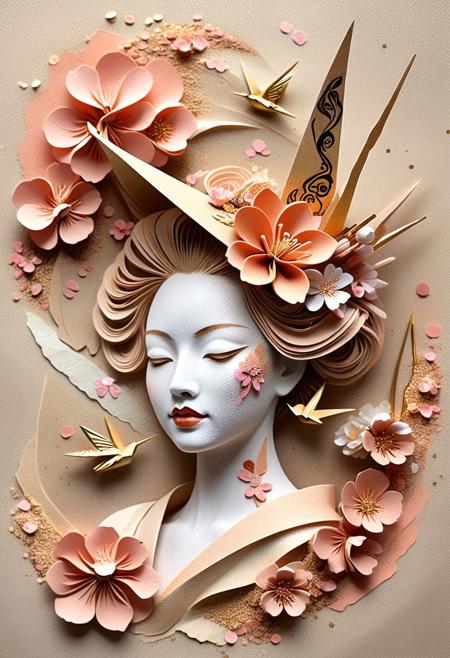 geisha’s face layered from torn sandswirl parchment, kimono collage of rose-gold sandpaper and washi tape, cherry blossom hairpin with 3D pop-up petals, fan-blown sandstorm transforming into origami crane confetti, mixed media textures of pressed flowers and gold foil, scattered calligraphy sand particles, warm beige and coral palette, craft paper background with visible brushstrokes, whimsical childlike perspective, tactile paper folds and crumples, watercolor splashes blending with sand granules, playful asymmetrical composition