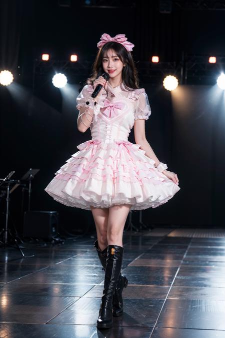 best quality, quality, masterpiece, photorealistic, 1girl, solo, long black hair, looking at viewer, smile, full body, cyb dress, pink dress, frills, see-through short sleeves, wrist cuffs, knee boots, hair bow, hair ornament, stage in the backgorund, stage lighting, stage spotlight, detailed background, audience, holding microphone, singing, <lora:idol_costume_style6_v1:0.7>