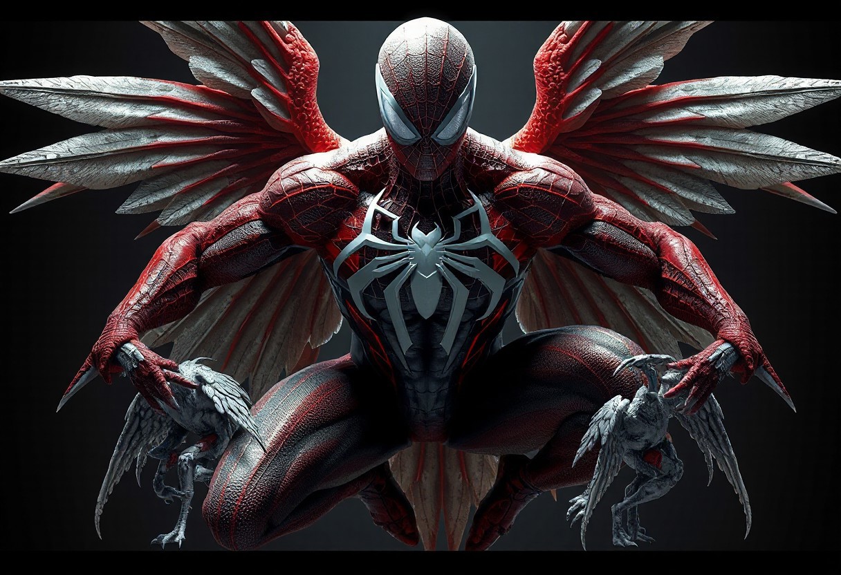 "Create a detailed, lifelike rendition of the Great Phantom Spider-Man from Origin Jumpworks, made in 2019. Feature silver eyes, thin red veins, and a muscular build. Depict in various poses, including armfold, standing bird, crouching, and wings spreading. Implement the golden ratio for an aesthetically pleasing composition. Present in high definition, suitable for ArtStation trending. Include influences from Eiichiro Oda, Zaha Hadid, Mucha, and Greg Rutkowski. Render in 8K with a symmetrical, cinematic style."