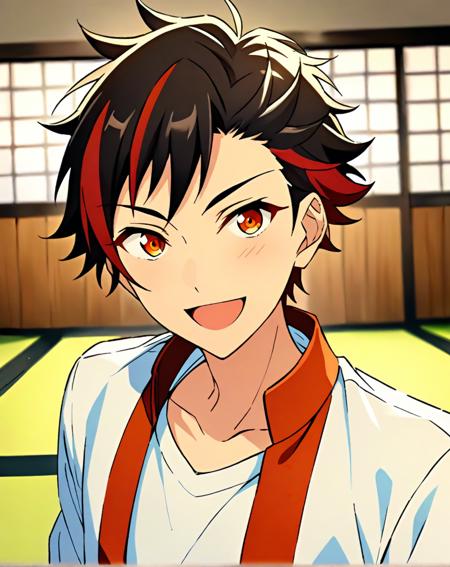 nagumo_tetora, black hair, streaked hair, red hair, amber eyes, short hair, hair between eyes, bangs