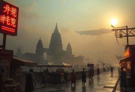dawn of a new world, ancient cambodian temple in the mist of a futuristic alien landscape. A large industrial looking freight carrying space transporter can be seen in the distance slowly exiting earths atmosphere. Neon signage in an Asian style alien script addorns billboars framing the ancient ruins. Promenades can be seen through the mist with food stalls starting to serve breakfast. Androids, various different species of Aliens and humans in ancient style m=futuristic clothing can be glimpsed going about their mornings.
