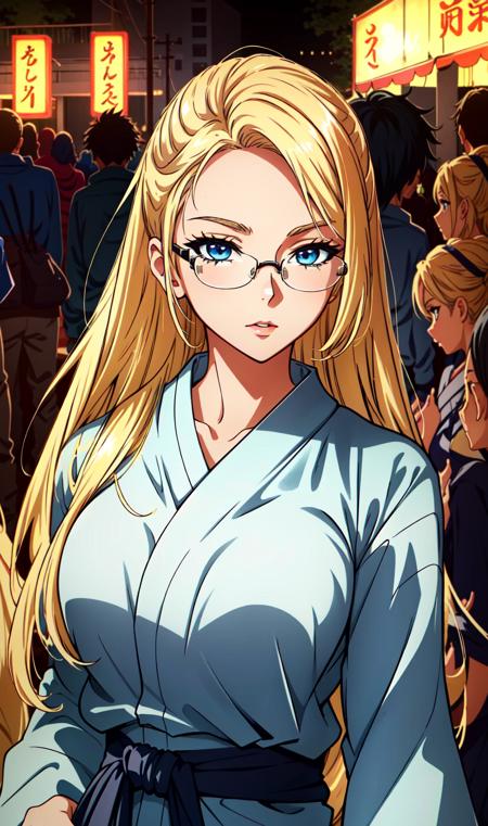 <lora:Ashe:0.7> Ashe, 1girl, solo, pantyhose, blonde hair, glasses,  yukata, standing,  long hair, looking at viewer, blue eyes, outdoors, festival, night, perfect lighting, ((shining face, shining body)), perfect face, make up, eye shadow, ((gorgeous)), Extremely beautiful, perfect, (masterpiece:1.2), (best quality:1.2), cinematic, perfect skin, perfect lighting, textured skin, detail, beauty, overall, hour glass body, sharp focus, ultra-detailed, illustration, perfect face, ((gorgeous)), Extremely beautiful, perfect, detailed background, ((shonen style)), (detailed background, intricate background:1.1), beautiful, ((Extremely Detailed)), ((Best Quality)), ((Masterpiece)), ((4k))