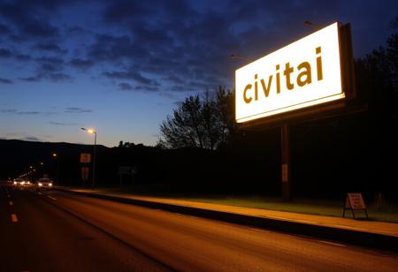 The glowing billboard on the roadside reads: civitai