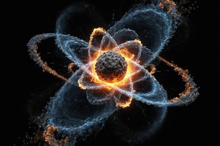 explosive moment of atomic division, convey the raw power and energy, atom fractures, cascade of particles, mesmerizing dance of matter breaking apart, revealing the fundamental forces that shape our universe, black background,  <lora:add-detail-xl:0.8>