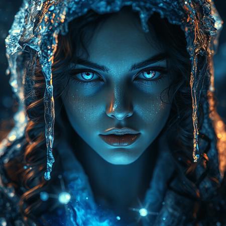 A beautiful woman with crystal blue glowing eyes and curly hair, wearing an ice hat, surrounded by icy water droplets, creates a surreal atmosphere. The art style is fantasy, with cinematic lighting and blue tones. It is a close-up portrait with a mysterious mood, depicting an ethereal beauty in a fantasy world, hkmagic, masterpiece, best quality, highly detailed, sharp focus, dynamic lighting  <lora:FantasyWizardWitchesFluxV2-000001:0.85>