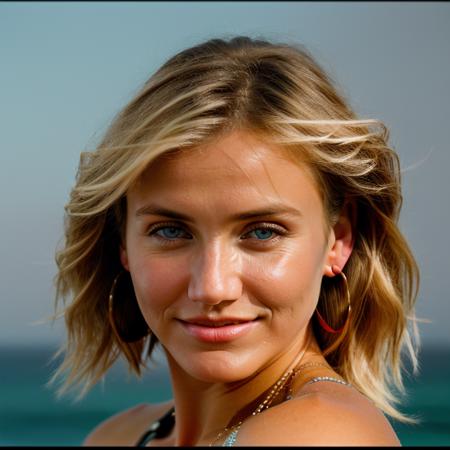 Realistic photo of a beautiful c4m3r0nd-v2 woman, 1girl, solo, looking at viewer, smile, short hair, blue eyes, (((blonde hair))), brown hair, jewelry, earrings, parted lips, teeth, blurry, lips, blurry background, messy hair, portrait, realistic, soft lighting, professional Photography, Photorealistic, detailed, RAW, analog, sharp focus, 8k, HD, DSLR, high quality, Fujifilm XT3, film grain, award winning, masterpiece<lora:c4m3r0nd-v2:1.0>