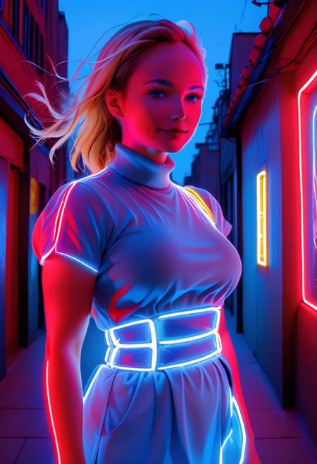 neon, wires, made of wires, cables, outlined with wires and neon, neon outlines, wire sculpture, neon wire sculpture, European women, Large breasts, long hair, blond hair, older female, score_9, score_8_up, score_7_up, score_6_up, score_5_up, score_4_up, close up, face focus, upper body, semi side view, UHD, 8K, masterpiece, detailed, ultra_high_resolution, lots of detail, OverallDetailXL, detailxl, regalres, Masterpiece, 32k, photorealistic:1.4, (small waist:2.9), fitness body, toned muscles, wide hips, slender legs, high cheekbones, oval face, 27 years old, mature female, milf, makeup, curvy, pretty face, SUPERMODEL, jewelry, solo, beautiful natural eyes, fully dressed, high turtle neck, outdoors, hands hidden, short sleeves, hands behind the back, wrinkles, blonde, smiling, 1girl, closed dress, high neck closure, fully dressed, long dress, (neon red:2.4), (neon blue:2.4), gentle smile,closed mouth, end_tripwire_morph, night, moon, city, playground, (neon:2.7).