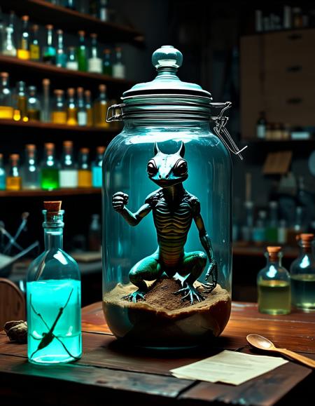 A high-resolution photograph featuring a surreal, horrific anthropomorphic reptilian creature inside a large, glass jar with a metal lid and wire lock, in a the dark laboratory of a human mad scientist from 1955, orderly but full shelves line the walls with inscrutable tools and jars and test tubes filled with odd colored fluids and small alien objects. Jar of monsters in the foreground and lab space in the background. lum1