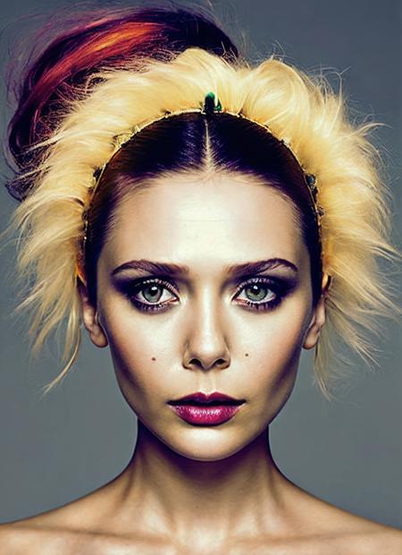 portrait of sks woman by Flora Borsi, style by Flora Borsi, bold, bright colours, rainbow Mohawk haircut, ((Flora Borsi)), <lora:locon_elizabetholsen_v1_from_v1_64_32:1.25>