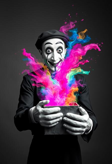 "Image of a mime, dressed in traditional black and white attire, opening a small mysterious box. The entire scene is rendered in black and white, with no hint of color anywhere. But as the mime lifts the lid of the box, a burst of vibrant, beautiful colors erupts from within. The colors are a riotous mix of pinks, blues, yellows, and greens, swirling and dancing in the air like a living thing. The mime's face is a picture of surprise and wonder, their eyes wide with amazement as they gaze at the colors that should not exist in this monochrome world. Style: surreal, dreamlike, and fantastical, with a focus on capturing the mime's shock and delight at the unexpected burst of color." Absurdres Highest-Quality, 4k