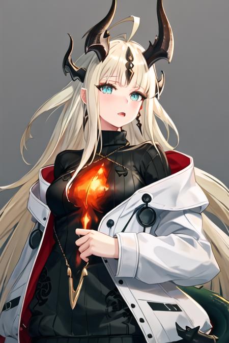 best quality, masterpiece, highres, solo, {reed_arknights:1.15}, horns, long_hair, dragon_horns, ahoge, bangs, blonde_hair, upper_body, blue_eyes, tail, breasts, white_hair, green_eyes, 1girl, black_sweater, jacket, looking_at_viewer, sweater, jewelry, turtleneck, earrings, white_jacket, turtleneck_sweater, ribbed_sweater, open_clothes, closed_mouth, open_jacket