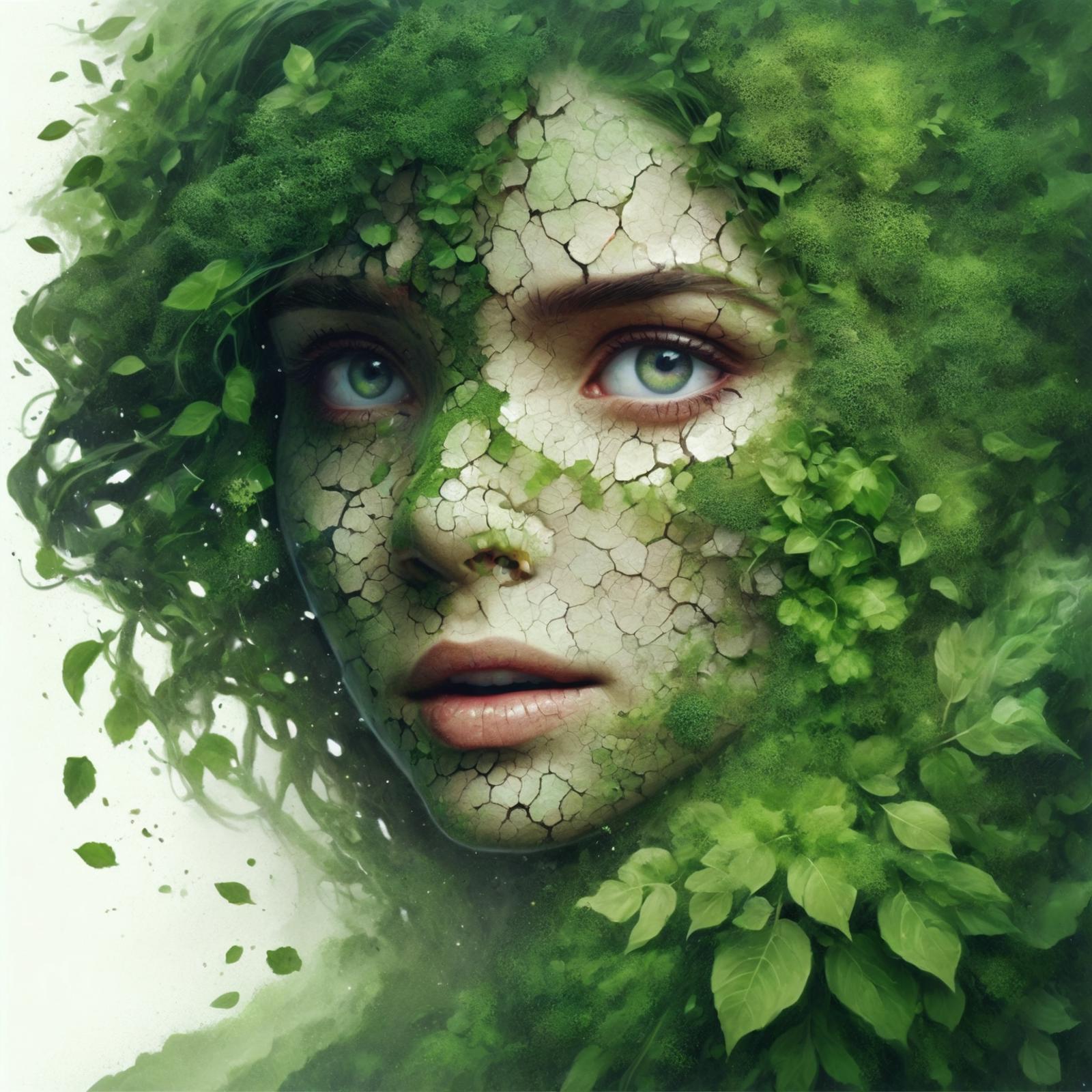 A green and brown painting of a woman with green leaves on her face.