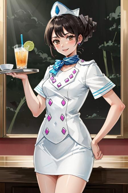 (masterpiece, best quality, high res:1.3), absurd res,  rhodateneiro,  brown eyes, ponytail, white uniform, short sleeves, skirt, smile, hat, holding tray with drinks, <lora:RhondaTeneiro:0.85>