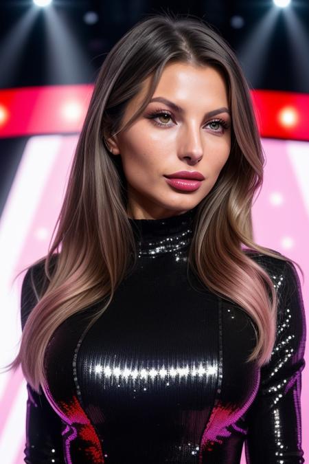 best quality, portrait photo of drasy-150, ((((looking directly at the camera)))), face front,  ((television makeup:1.2)), ( Red and Black sequin high neck dancing jumpsuit:1.2), ((at a tv game show:1.2)), (closeup:1.2:1.2), RAW candid cinema, 16mm, color graded portra 400 film, remarkable color, ultra realistic, textured skin, remarkable detailed pupils, realistic dull skin noise, visible skin detail, skin fuzz, dry skin, shot with cinematic camera, detailed skin texture, (blush:0.2), (goosebumps:0.3), subsurface scattering, (detailed pupils:1.3), ( Rose Quartz lipstick:1.2)