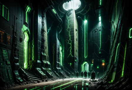 masterpiece, best quality, amazing quality, very aesthetic, very awa, highres, cinematic, volumetric lighting, 35 mm photo, high detail, ultrarealistic, 8k, wide shot,(From below) BREAK
underground ,dark SF‑fantasy,
dimly lit, cracked ceiling and winding stairwells above let shafts of daylight fall like divine beams,
dust sparkling in the light, damp stone walls,
eerie and unsettling mood, accents of toxic green neon light flickering,steam, (hotel, lobby),indoor
(crowded stalls:1.25), shadowy androids and alien species bartering ,Necron,electricity, green glow, green theme
 <lora:cfg_scale_boost:0.4> <lora:Necron_World_XL:1> <lora:crowd_notrigger:0.4>