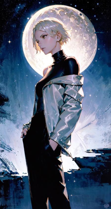 masterpiece, best quality, 1girl, short hair, platinum blonde hair, turtleneck, open jacket, trousers, off shoulder, dark moody lighting, night sky, night, starry sky, (moon, full moon, glittering, sparkle, light particles:1.1)