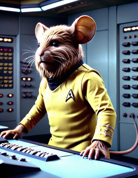 a mouse made of wookie hair wearing a startrektos yellow uniform in a futuristic control room  <lora:Wookiee_Hair:1> <lora:TOSXL:1> <lora:add-detail-xl:1>