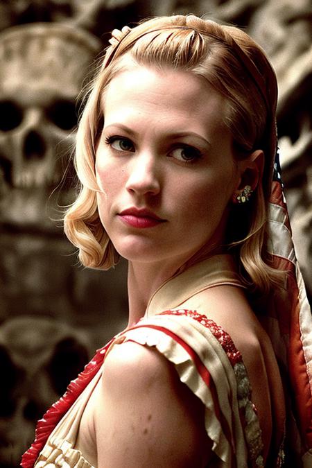 portrait of (bettydraper:1.0) wearing an ((american flag)) in (ancient fire ritual to moloch (in catacomb with walls of skulls)), fashion magazine, (light bokeh), intricate, sharp focus, ((detailed face)), photo by greg rutkowski, (vibrant colors), masterpiece