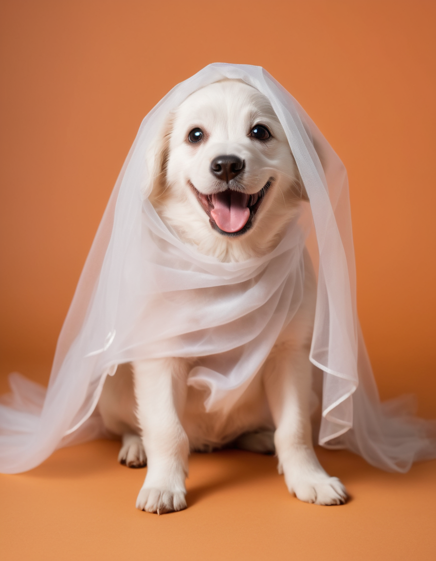 A photo of a (joyful puppy:1.3), dressed in a (whimsical ghost costume:1.2), radiating happiness, isolated against a (vibr...