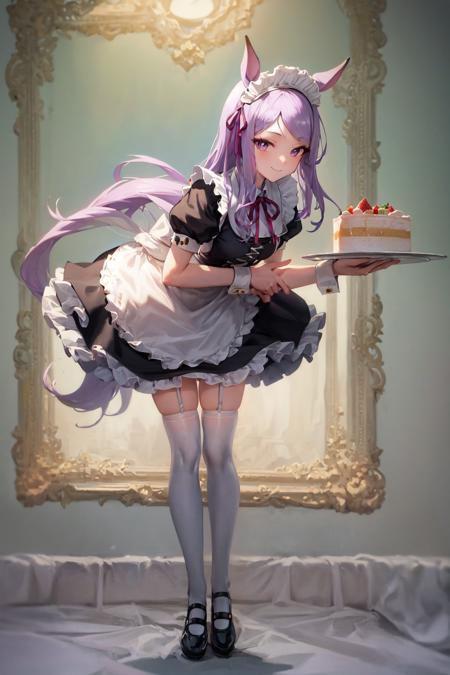 masterpiece, best quality,
mejiro mcqueen \(umamusume\),
full body,
full body, food, black footwear, maid headdress, alternate costume, black dress, shoes, enmaided, frills, puffy short sleeves, standing, white apron, closed mouth, holding plate, wrist cuffs, smile, holding tray, ribbon, leaning forward, frilled apron, white thighhighs, frilled dress, maid apron, cake, mary janes
<lora:mejiro_mcqueen_locon:0.6>