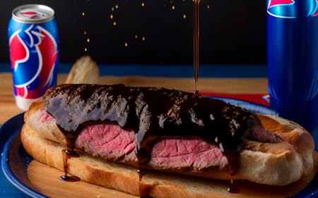 (photo)++ of microwave-boiled (steak on a slice of baguette)+ with extra (Pepsi drizzle)+++, platter