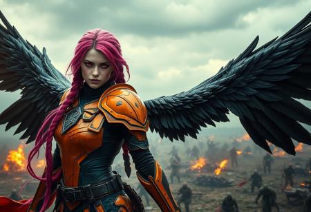 27 yr old Hungarian woman in ceramic orange power armor, , majestic black feathered angel wings, solo, shoulder armor, glowing red eyes, pauldrons,  long magenta and teal braided hair, looking at viewer, grimdark, flying over a battlefield