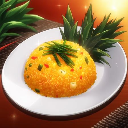 A white plate containing a golden yellow pineapple rice dish is set on a dining table, garnished with green onions and a pineapple leaf. The plate rests on a brown table with a stone-like texture and is set against a vibrant red and orange background, which gives the setting a warm and inviting atmosphere. The pineapple leaf and a small part of the pineapple stem are visible on the top right of the plate. There are no discernible texts present in the image,  <lora:Shokugeki_food:0.85>