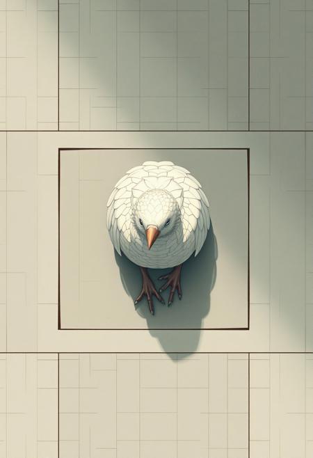 Overhead bird's eye view of a Dodo in Isekai anime style, expressive composition. Minimalist design with soft colors, geometric grids, subtle textures, and precise lines creating a serene and contemplative scene.