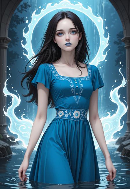 A Slavic Water Spirit. Dark hair. Pale skin. Blue eyes. Thin eyebrows. Small nose. Blue lips. Wears blue dress. Stands in water.
(Slavic Water Spirit, blue dress)
((half body view)), (((cowboy_shot)))