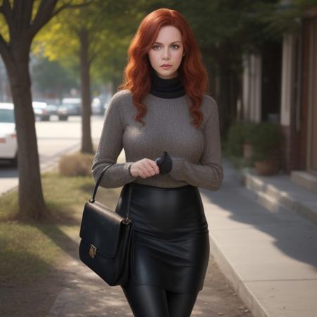 score_9, score_8_up, score_7_up, realistic lighting, photo, photorealistic, 1girl, an attractive 30-year-old woman standing next to a tree in the back yard. She is wearing a copper sweater blouse, copper and black checker skirt, black leggings, and black dress boots. She has long wavy red hair. She is carried a purse and a briefcase. She looks inviting to the camera. In the background is a neighborhood.