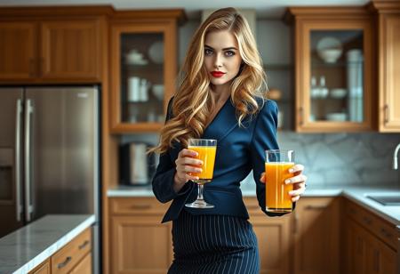 ArtfulNSFW, The image is a portrait of a woman with long wavy golden hair. Wearing a dark blue business suit a vertically pencil striped pencil skirt, Standing in an expensive kitchen, The woman is looking directly at the camera with a playful expression on her face. holding a glass of orange juice, Her hair is styled in loose waves and falls over her shoulder. The background is sharp making the woman the focal point of the image. The lighting is soft and natural highlighting her features., 1girl, solo, ruby red lips, golden hair, looking at viewer, deep blue eyes, full body portrait,