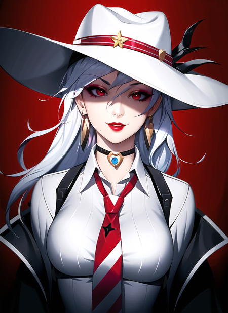 zeronis,  1girl, ashe \(overwatch\), breasts, choker, collared shirt, cowboy hat, earrings, eyelashes, eyeshadow, gradient background, hat, highres, jacket, jewelry, lips, lipstick, logo, looking at viewer, makeup, medium breasts, medium hair, necktie, overwatch, parted lips, pinstripe pattern, pinstripe shirt, portrait, red background, red eyes, red lips, red necktie, shirt, smile, solo, striped, stud earrings, white hair, white shirt, ((masterpiece))  <lora:zeronis_offset:1>