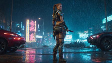 Cinematic side shot of (armoured, hnh, hannaH2, Aloy:1.2), from Horizon Zero Dawn, (looking at viewer:1.3), cyberpunk style, cyberpunk reimagined, cybernetic enhancement, night, heavy rain, wet, neon lights,  (full body portrait:1.4), (city street view:1.3), dystopian, vivid, colourful, cinematic, masterpiece, 16k, HDR, photorealistic, best quality, high quality, masterpiece, hyperrealistic,