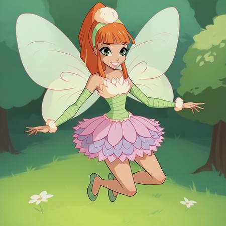 xmielex, orange hair, long hair, ponytail, green eyes, makeup, lipstick casual outfit, hair flowers, dress, bracelet, platform footwear fairy outfit, headband, hair ornament, wings, skirt, bare shoulders, detached sleeves, shoes, flats