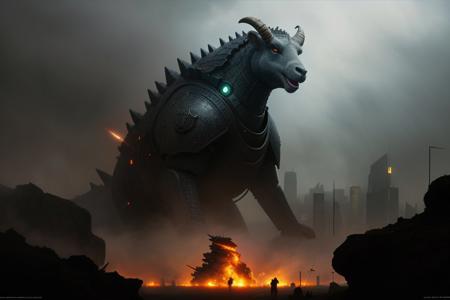 big sheep crawling over an army, [sheep : robot : godzilla : 3], godzilla, blazing beam from mouth, blazing ray, futuristic, dusty barely visible, battle, sharp focus, emitting diodes, smoke, fog, artillery, bombing, sparks, racks, apocalypse, end of the world, army unit, motherboard, terminator, realism, intricate detail, technoir, ultra detailed, painting concept art of detailed character design, matte painting, blade runner
