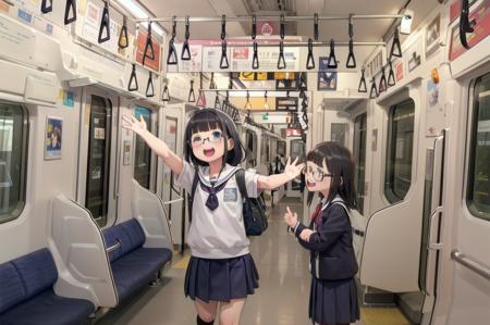 best quality, ultra-detailed, illustration,
multiple girls, school uniform, black hair, glasses, school bag, smile, laughing, face focus,
e233, train interior, scenery, seat, vanishing point, poster (object), sunlight,
<lora:E233_SD15_V3_DIM4:1>