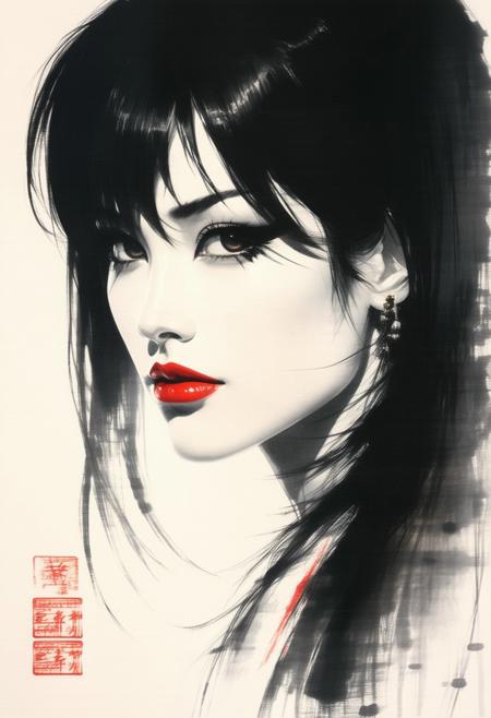 photorealistic japanese inksketch, Silhouette Art, magnificent, dark background, closeup portrait of stunning japanese femme fatale, long dark hair with platinum streaks, sidelocks, bangs, blusher, seductive, sultry, lustful, red lips, direct gaze, light hitting one side of face, abstract background