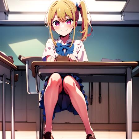 Masterpiece, 8k wallpapepr, best quality, 1girl, HoshinoRuby, <lora:HoshinoRuby>, smile, blush, looking at the viewer, side ponytail, blue school_uniform, (classroom at the background), indoor, white star pupil eyes:1,