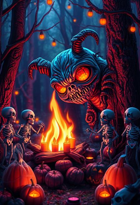 Adorable monster, Image of a monster peeking out with the caption, "When you finally decide to socialize, but it’s still terrifying." looking at a bonfire with chibi dancing skeletons around it, in a eerie forest decorated for Halloween, neon colors, glowing pumpkins and candles, breathtaking borderland fantasycore artwork by Android Jones, Jean Baptiste monge, Alberto Seveso, James Jean, Jeremy Mann, maximalist highly detailed and intricate professional photography, a masterpiece, 8k resolution concept art