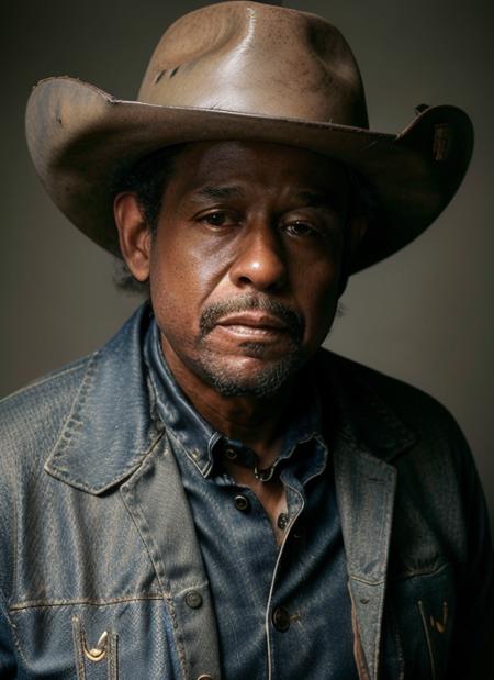 portrait of fw1,  man in "Cattleman's hat, denim jacket, leather gloves, bandolier, worn-in cowboy boots" epic (photo, studio lighting, hard light, sony a7, 50 mm, matte skin, pores, colors, hyperdetailed, hyperrealistic),  <lora:ForestWhitaker:1>